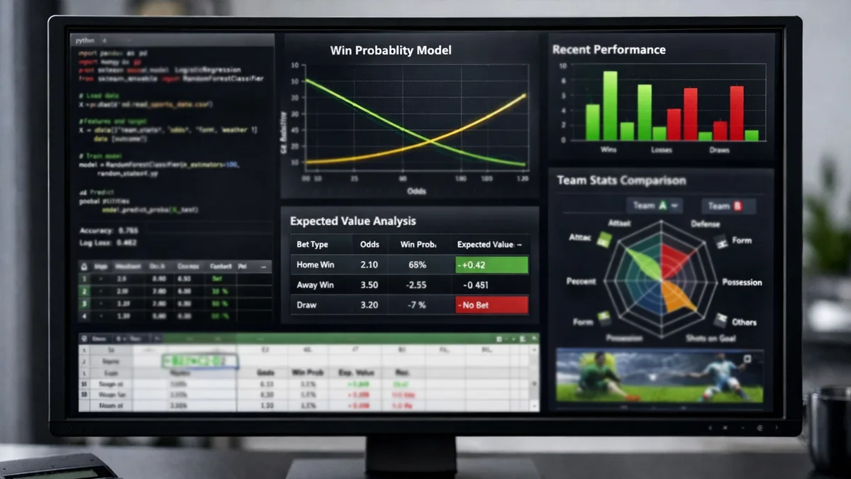 Écran d'ordinateur affichant des graphiques statistiques et des modèles prédictifs pour les paris sportifs