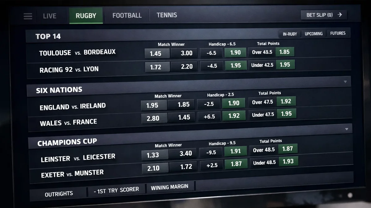 Interface de paris sportifs montrant les marchés rugby avec différentes compétitions disponibles