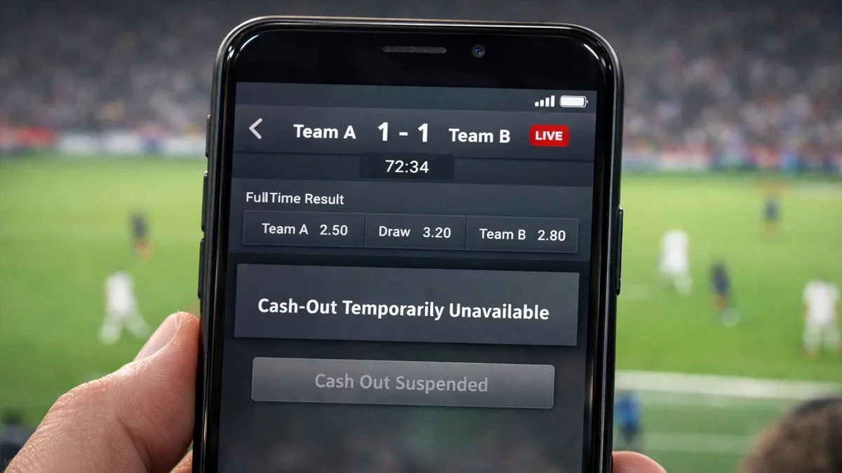 Écran montrant un cash-out suspendu temporairement pendant un moment clé du match