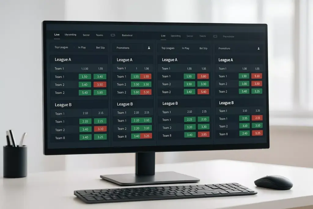 Écran d'ordinateur affichant plusieurs sites de bookmakers avec comparaison des cotes sportives