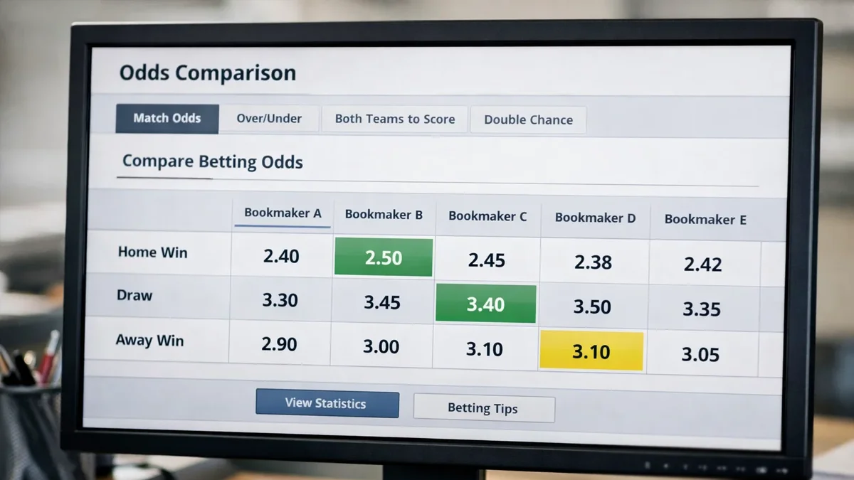 Écran d'ordinateur affichant un comparateur de cotes entre différents bookmakers