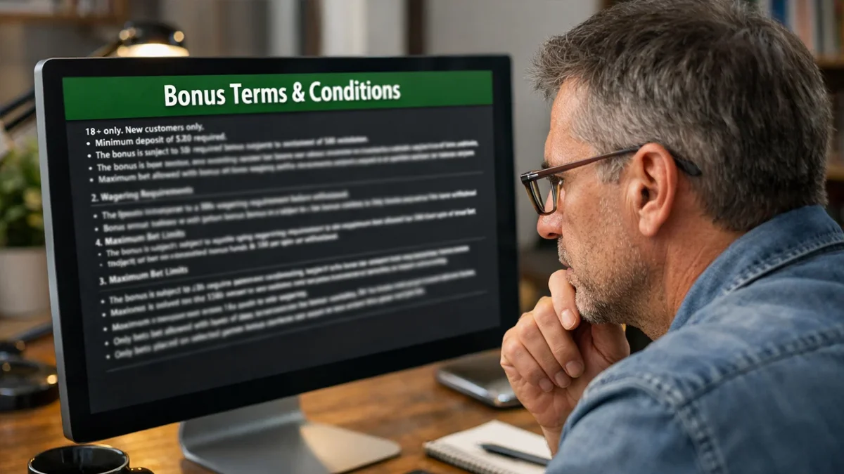 Personne lisant attentivement les conditions générales d'un bonus sur son ordinateur