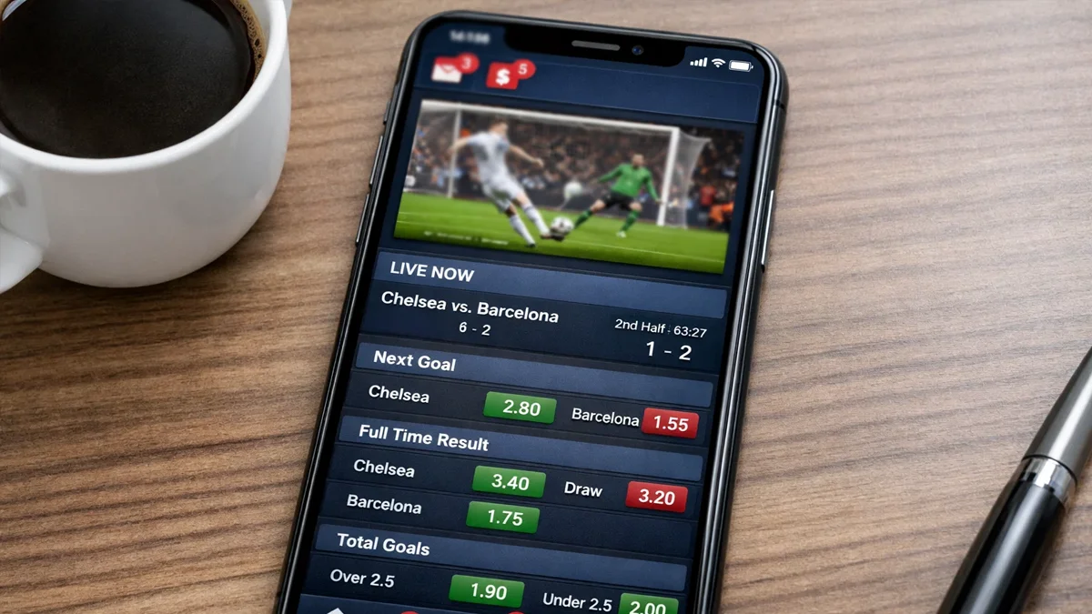 Interface d'application de paris montrant streaming, notifications et options de pari en direct