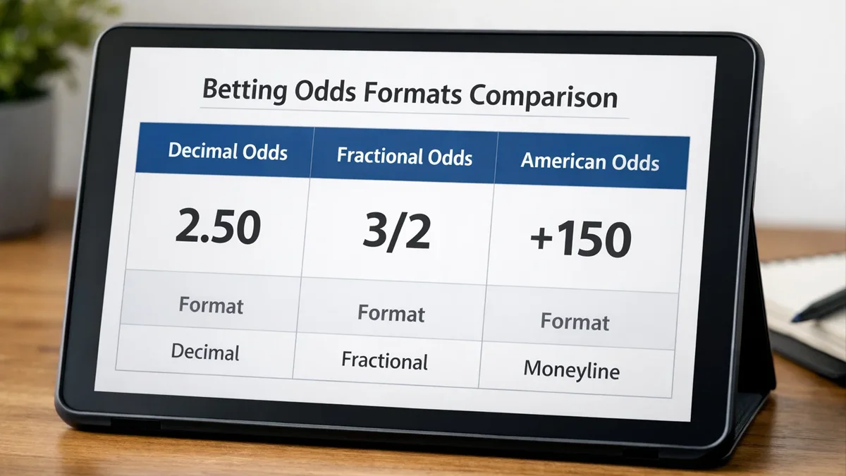 Tableau comparatif montrant les mêmes cotes en format décimal, fractionnel et américain