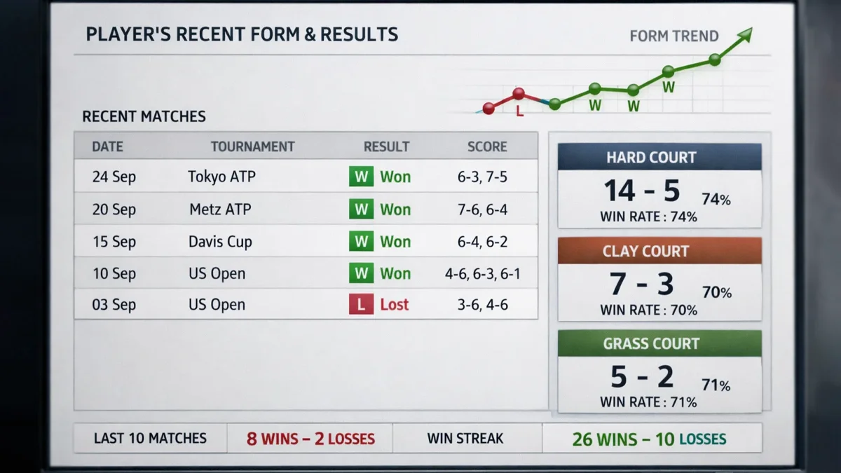 Tableau montrant les résultats récents d'un joueur de tennis avec statistiques de performance