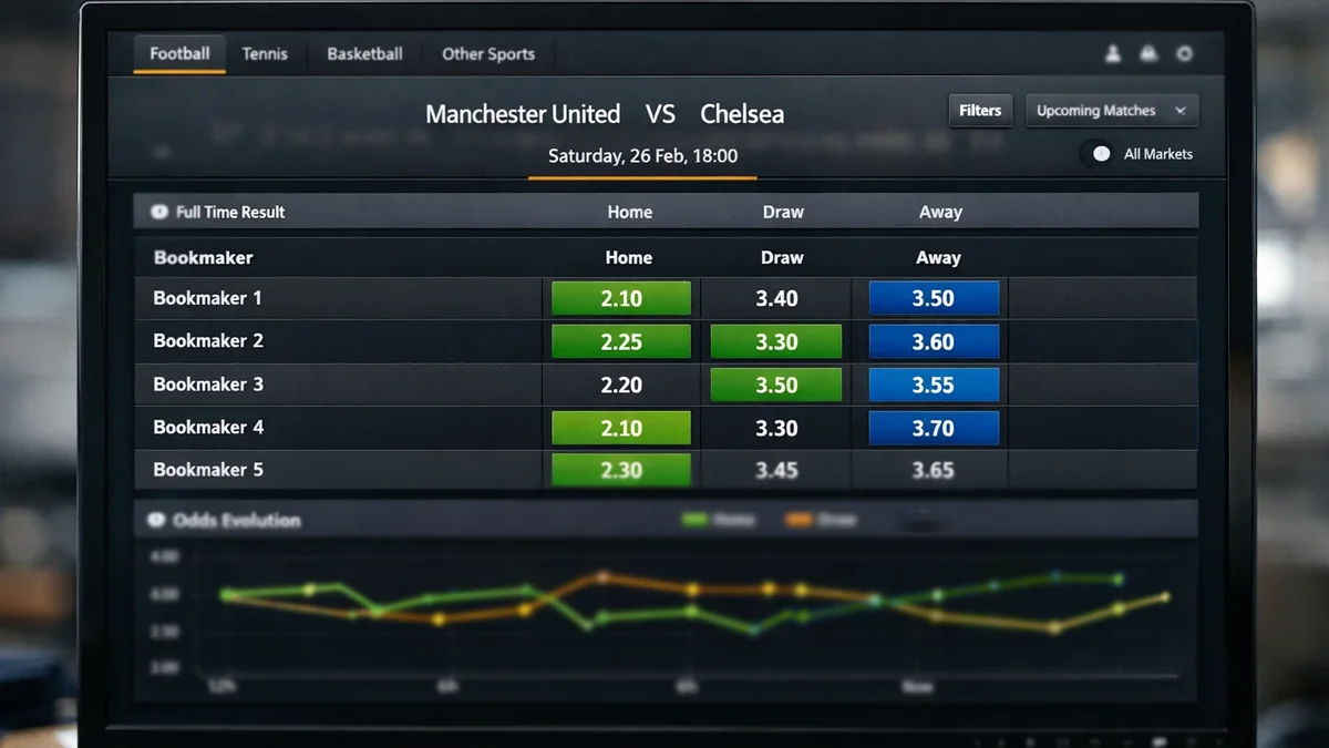 Interface détaillée d'un comparateur de cotes montrant les meilleures offres en surbrillance