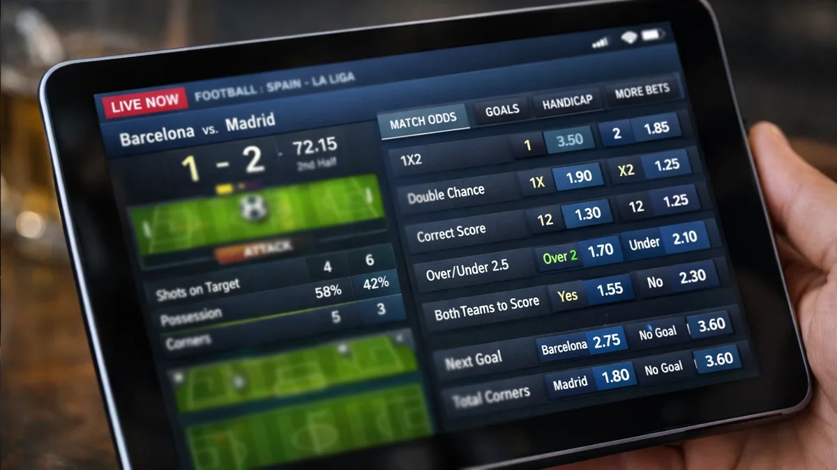 Interface d'application de paris en direct montrant les cotes et les marchés disponibles