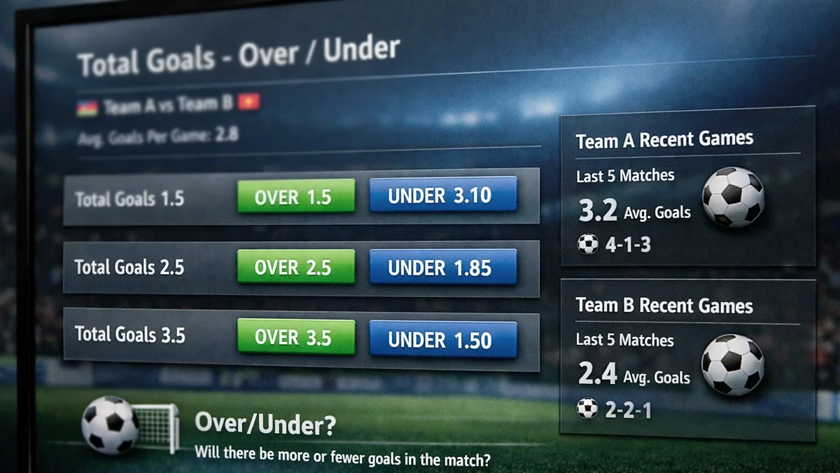 Interface de paris montrant les options over/under sur le total de buts d'un match