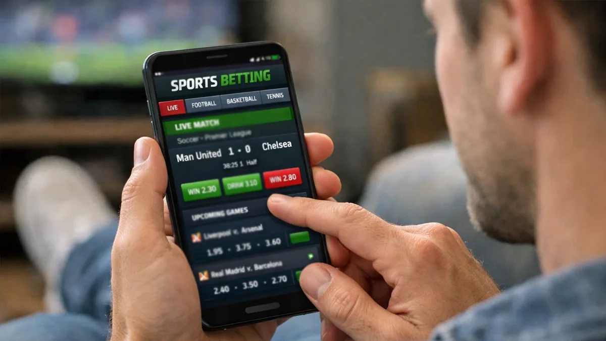 Personne utilisant une application de paris sportifs sur smartphone avec une bonne connexion réseau