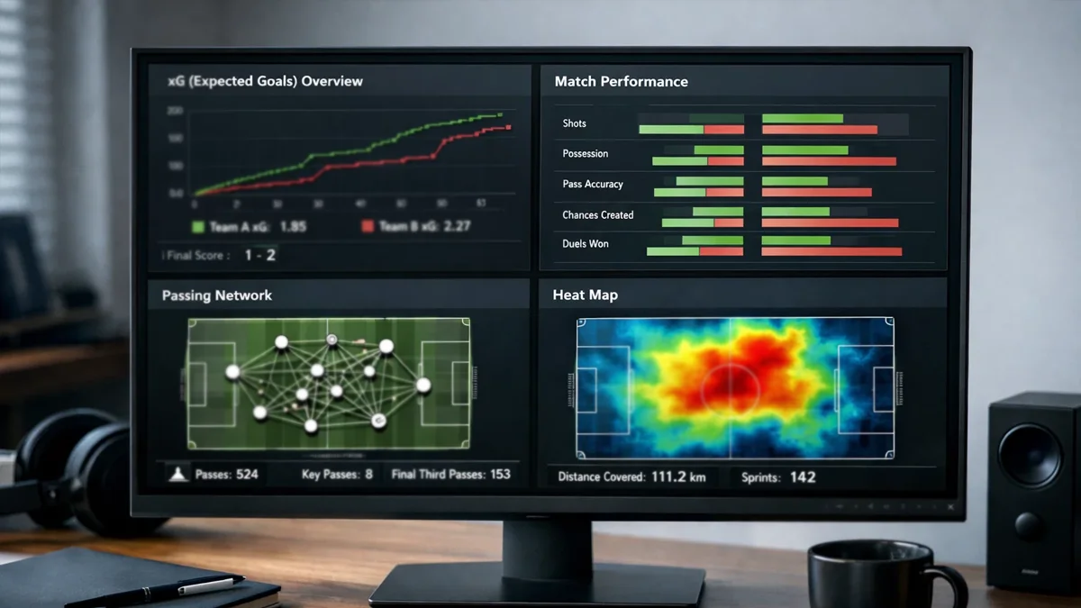 Écran d'ordinateur affichant des statistiques avancées de football avec graphiques xG et données de performance
