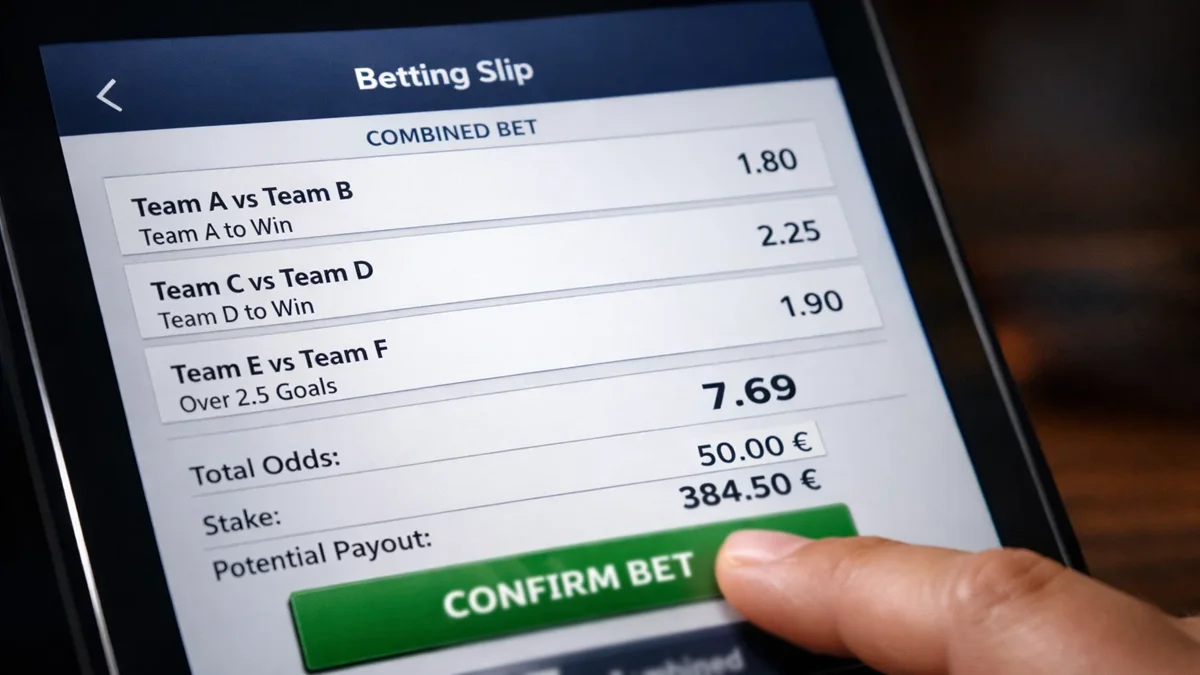 Écran montrant trois matchs de football sélectionnés dans un coupon de pari combiné