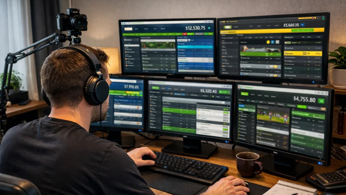 Parieur devant plusieurs écrans gérant des comptes sur différents bookmakers