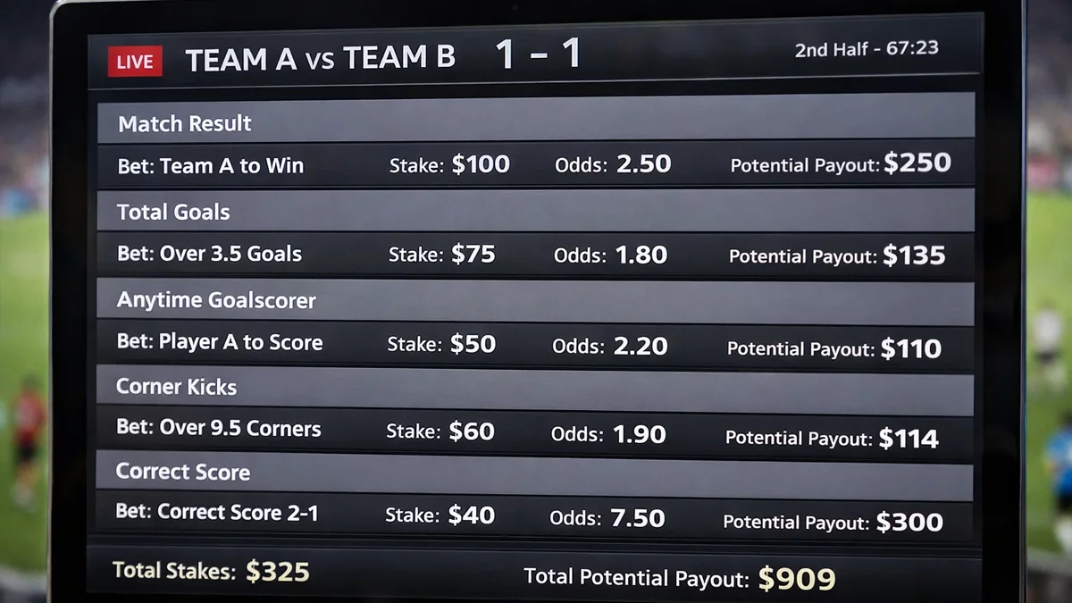 Interface montrant de multiples paris placés sur un même match illustrant le sur-trading