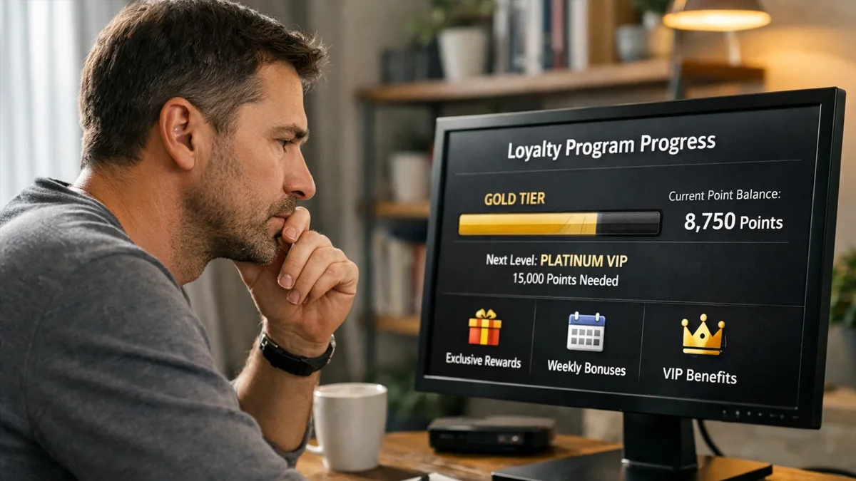 Parieur réfléchissant devant un écran montrant sa progression dans un programme de fidélité