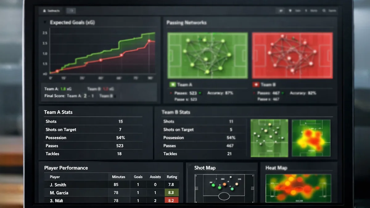 Interface d'une plateforme de statistiques de football montrant des graphiques xG et des données de performance