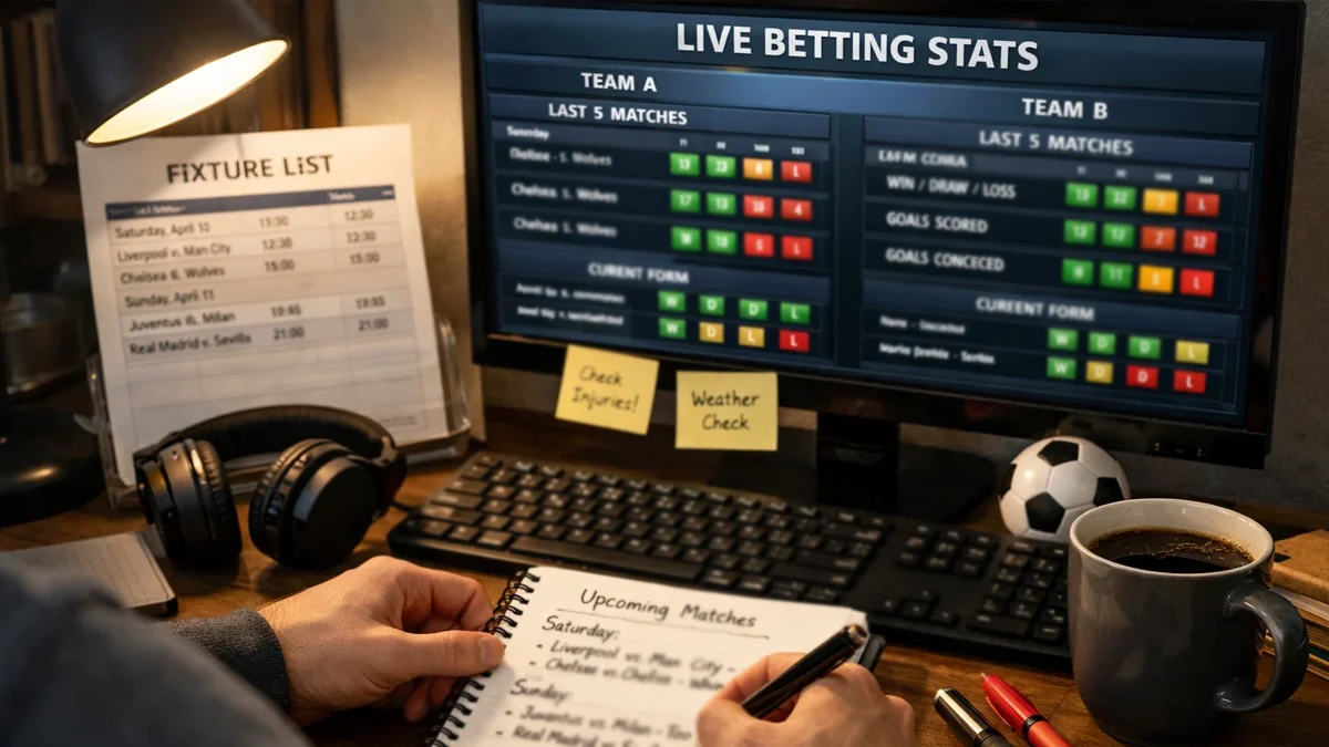Personne préparant sa session de paris en direct avec notes et ordinateur affichant des statistiques