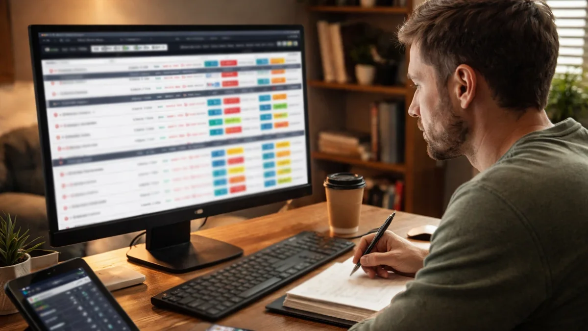 Parieur consultant un comparateur de cotes sur son ordinateur avant de placer un pari