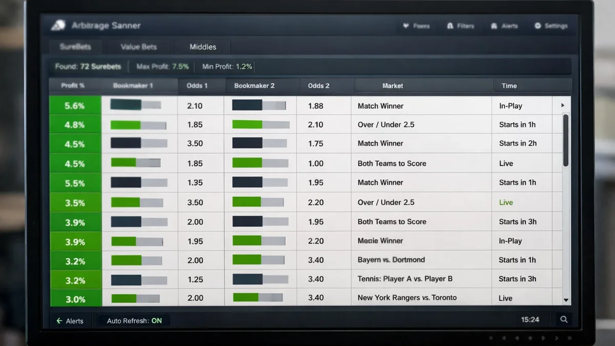 Interface d'un logiciel de détection de surebets affichant des opportunités d'arbitrage