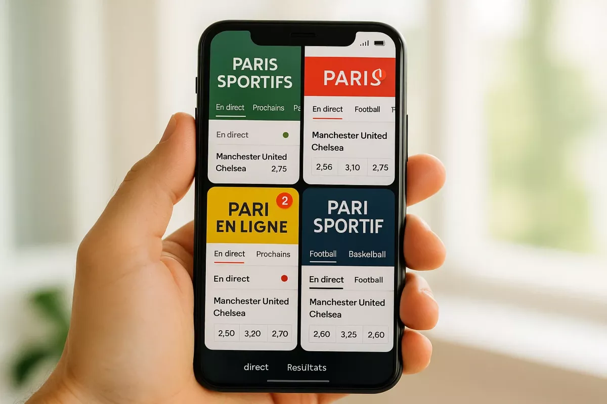 Main tenant un smartphone avec plusieurs applications de paris sportifs ouvertes pour comparer les cotes