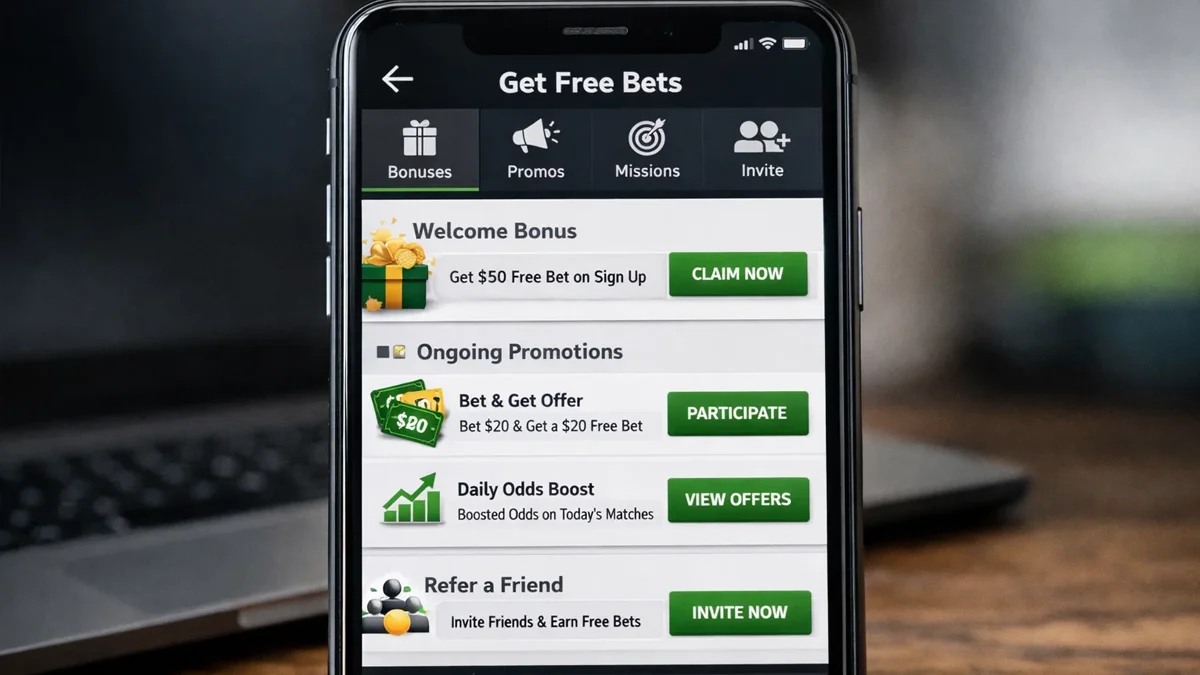 Interface montrant différentes façons d'obtenir des freebets : bonus de bienvenue, promotions et parrainage