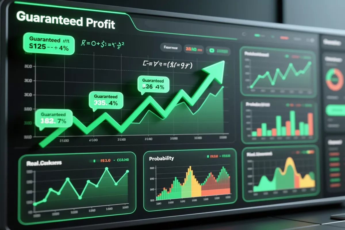 Calculatrice et graphiques montrant une stratégie d'arbitrage sportif avec formules mathématiques