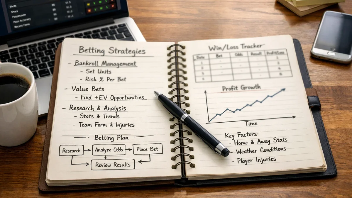 Carnet de notes avec des stratégies de paris sportifs et des graphiques d'analyse