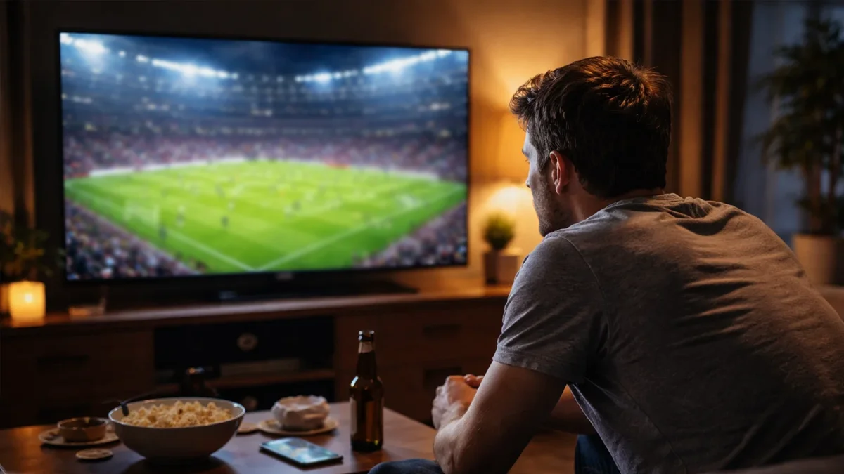 Supporter concentré regardant un match de football à la télévision
