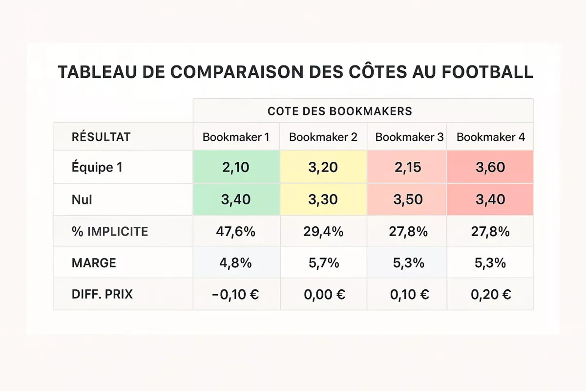 Tableau détaillé comparant les cotes de football entre différents bookmakers avec pourcentages et écarts