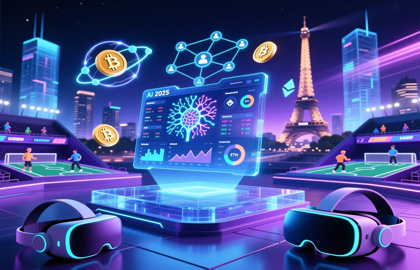 Visualisation futuriste des tendances en paris sportifs avec IA et cryptomonnaies
