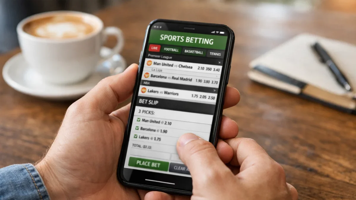 Personne testant une application de paris sportifs sur son smartphone
