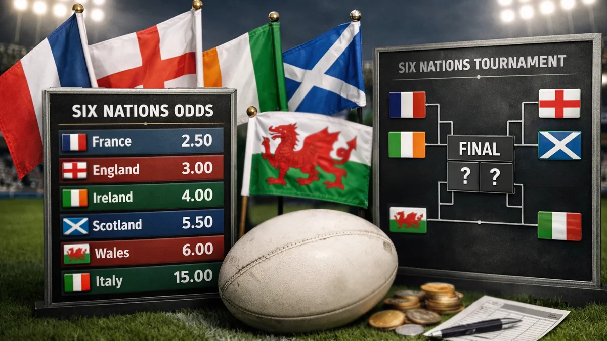 Drapeaux des six nations du rugby européen avec tableau des cotes pour le tournoi