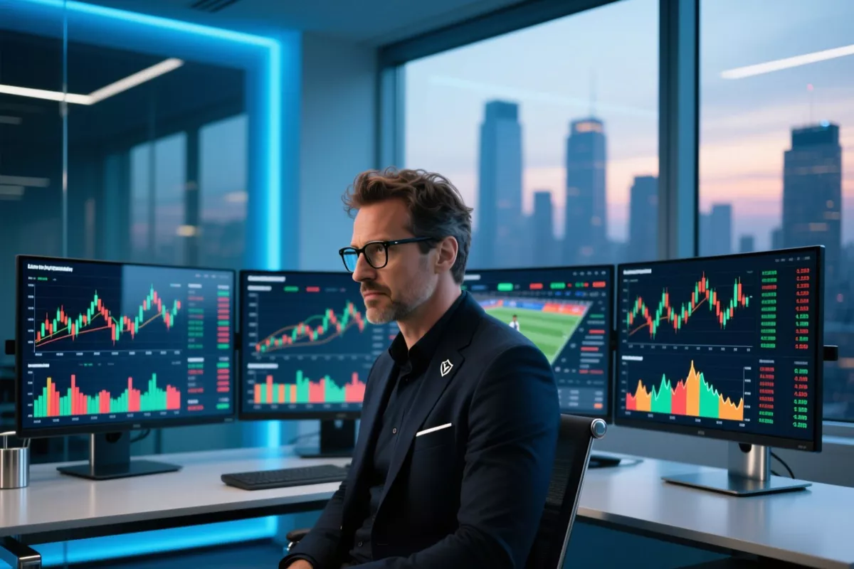 Trader sportif analysant des données sur plusieurs écrans dans un bureau moderne