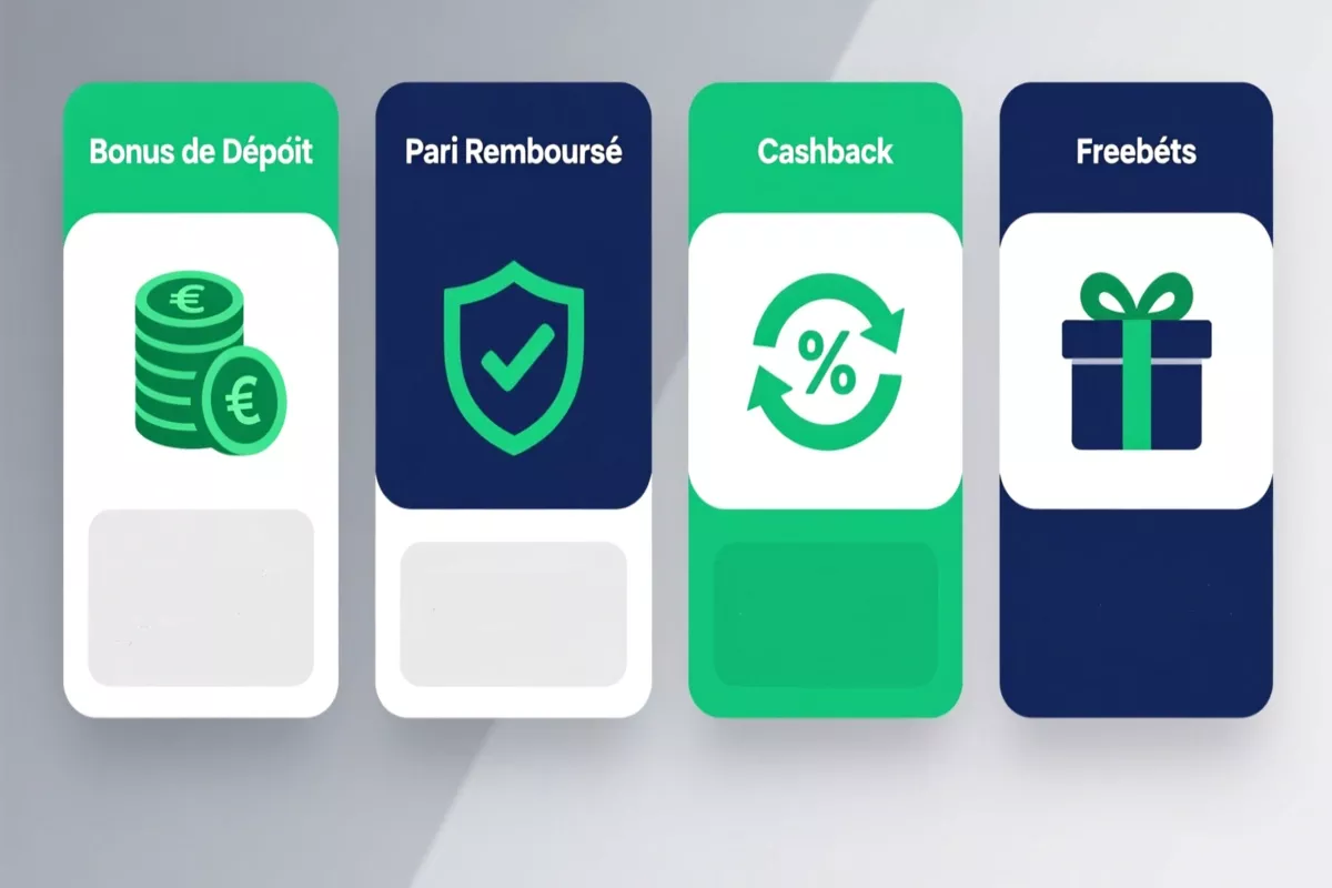 Infographie des 4 types principaux de bonus bookmaker en France