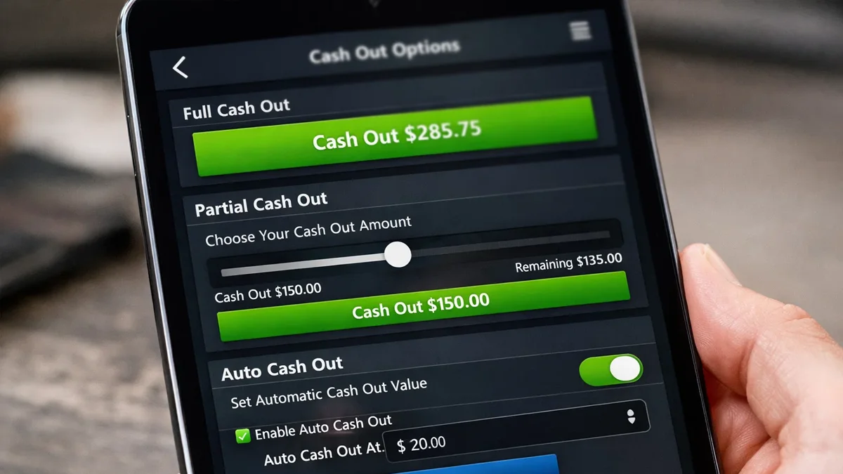 Interface montrant les différentes options de cash-out : total, partiel et automatique