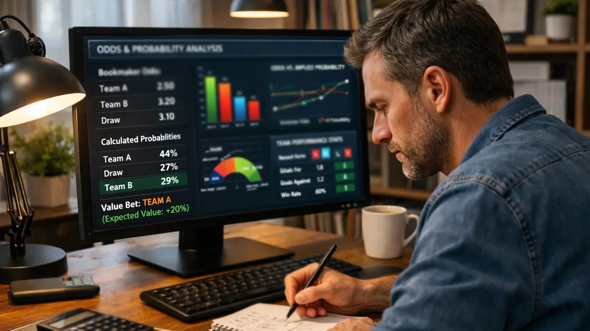 Personne analysant des statistiques sportives sur ordinateur pour identifier des value bets