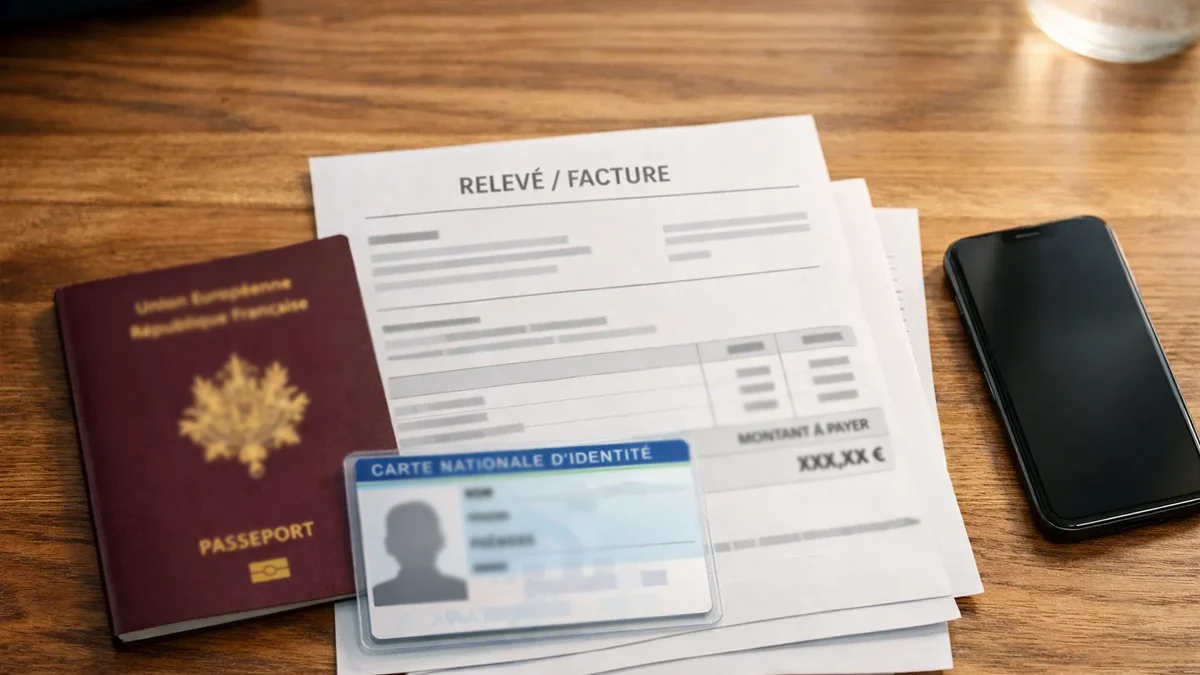 Documents d'identité posés sur un bureau à côté d'un smartphone